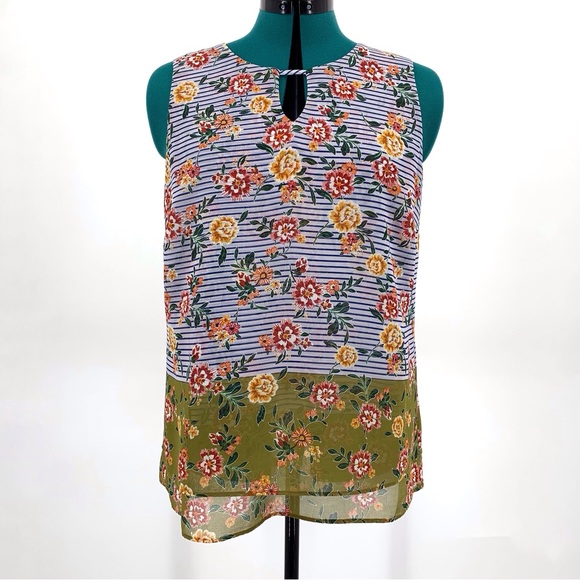 Cabi Penelope Top #5354, Floral and Striped Print Sleeveless Layered Top, Medium - Picture 4 of 17